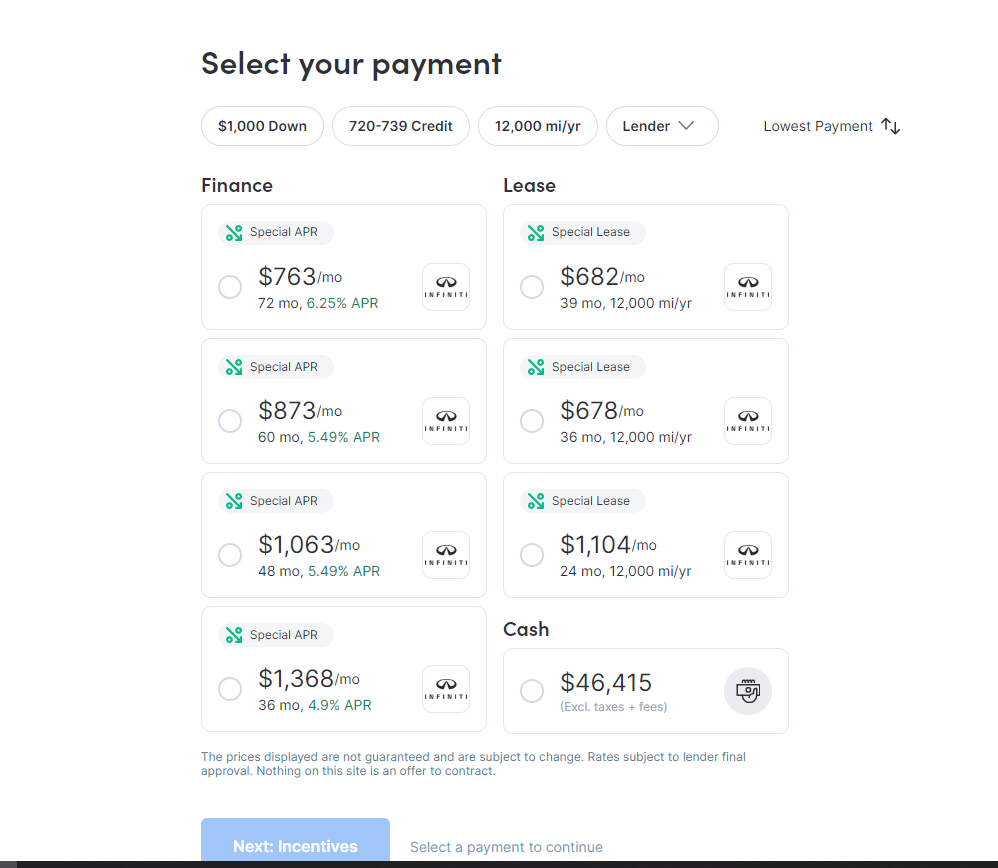 Zimbrick Infiniti Select Your payment